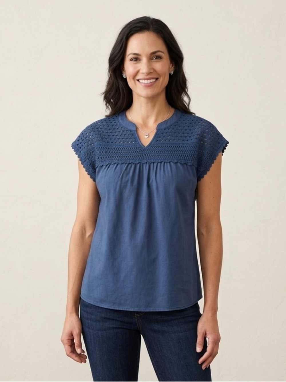 Westbound Crochet-Yoke V-Neck Blouse - Navy Blue